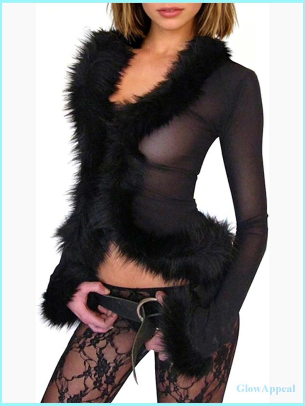 Faux Fur Trim Mesh Crop Top Sheer Long Sleeve V Neck Cardigan Jacket Y2K